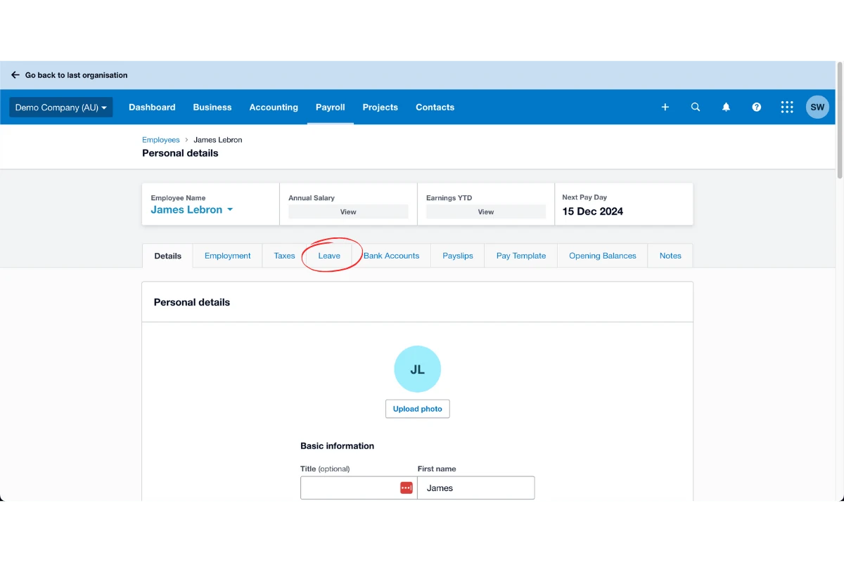 Screenshot showing the leave tab under the employee\'s profile in RosterElf