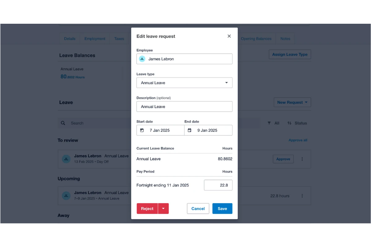 Editing an employee's leave details in Xero