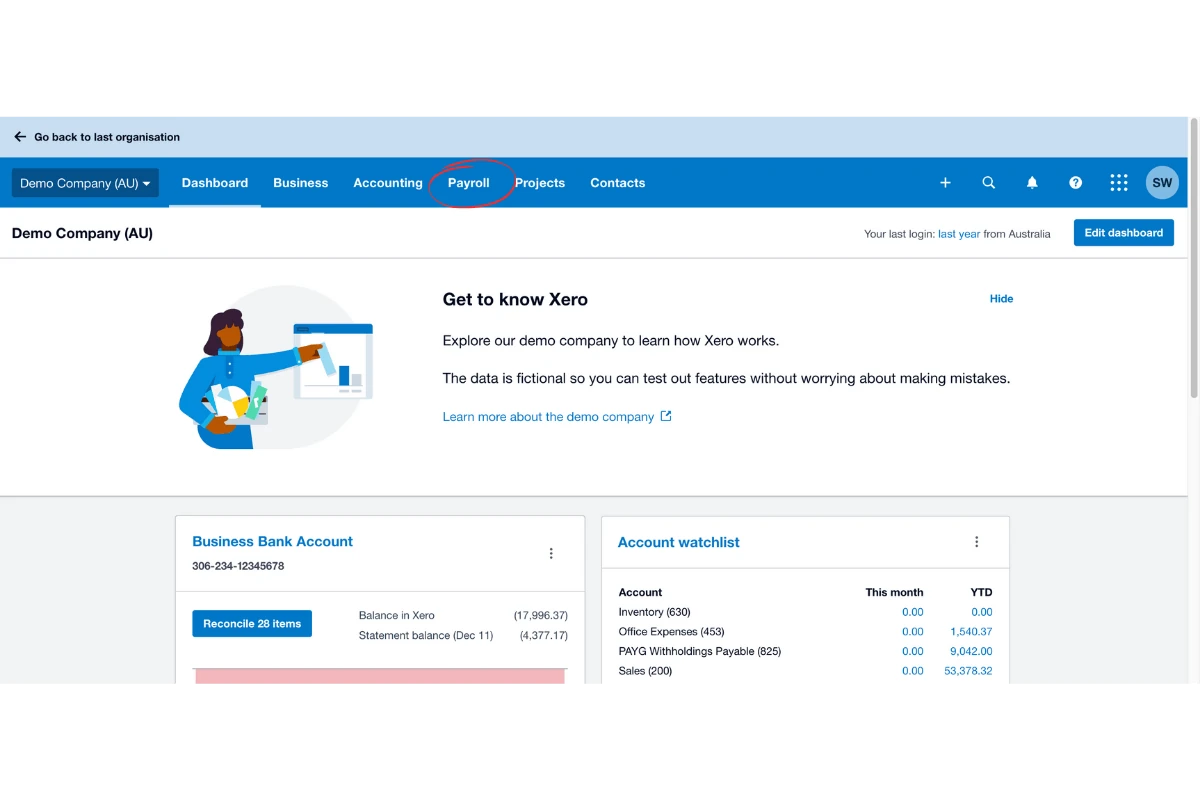 Xero Payroll option in the main navigation bar