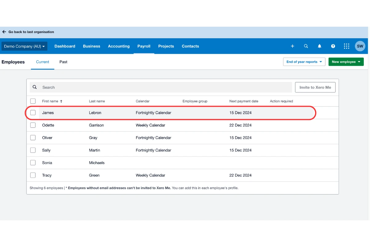 Xero employee list with an employee selected to amend their leave