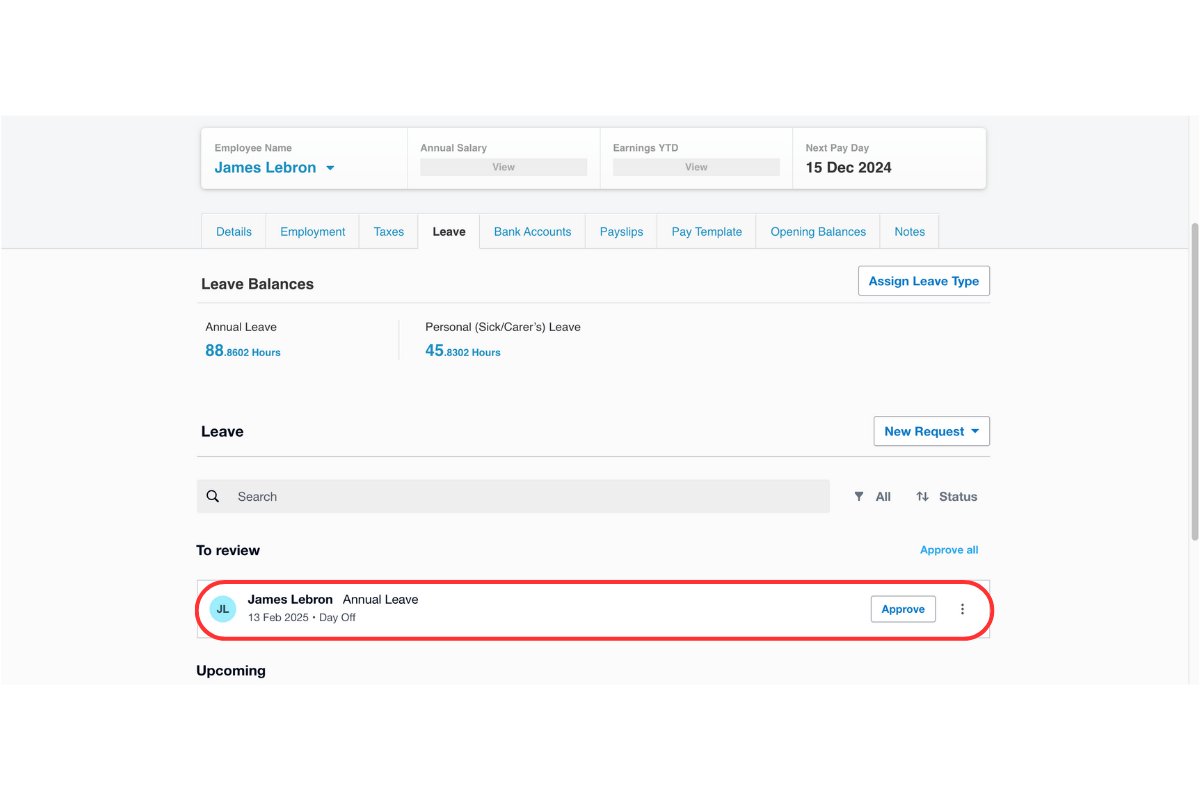 Screenshot showing the leave record you want to amend in RosterElf