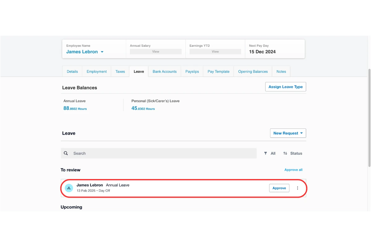 Screenshot showing the leave record you want to amend in RosterElf