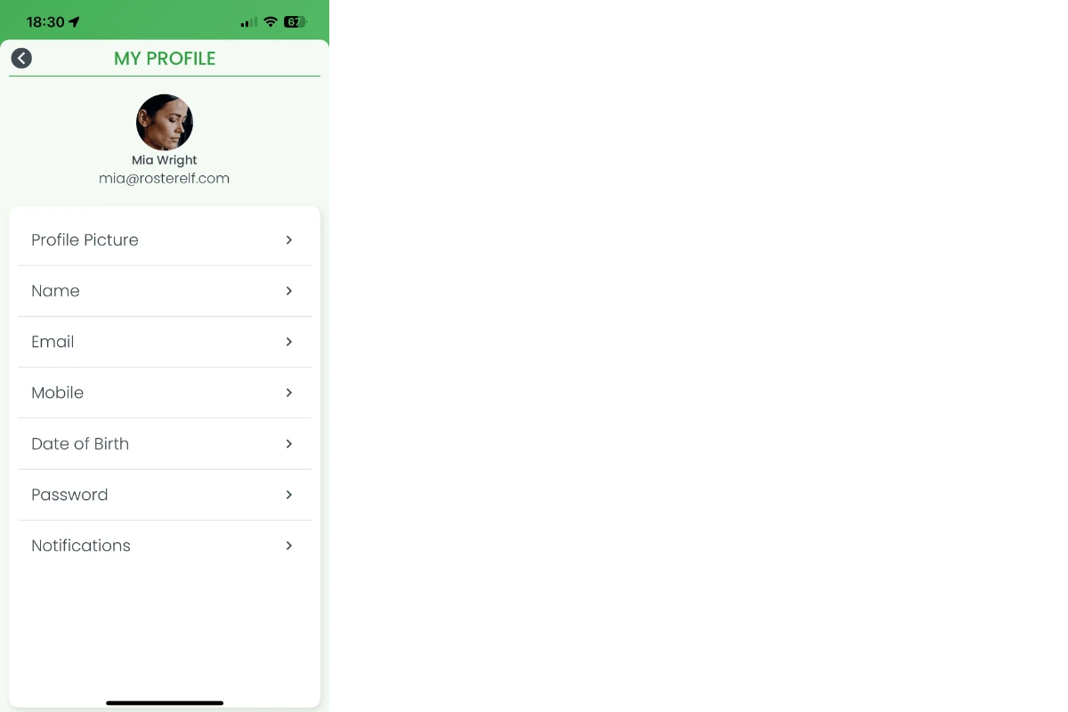 My Profile screen listing editable fields