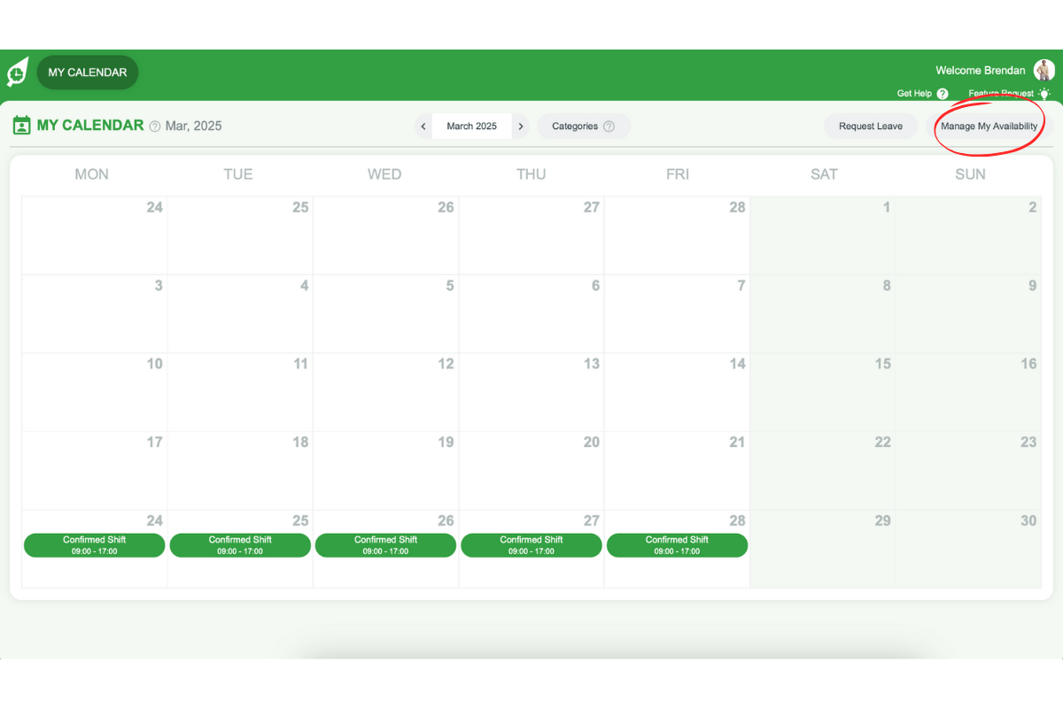 Screenshot showing the Manage My Availability button in My Calendar