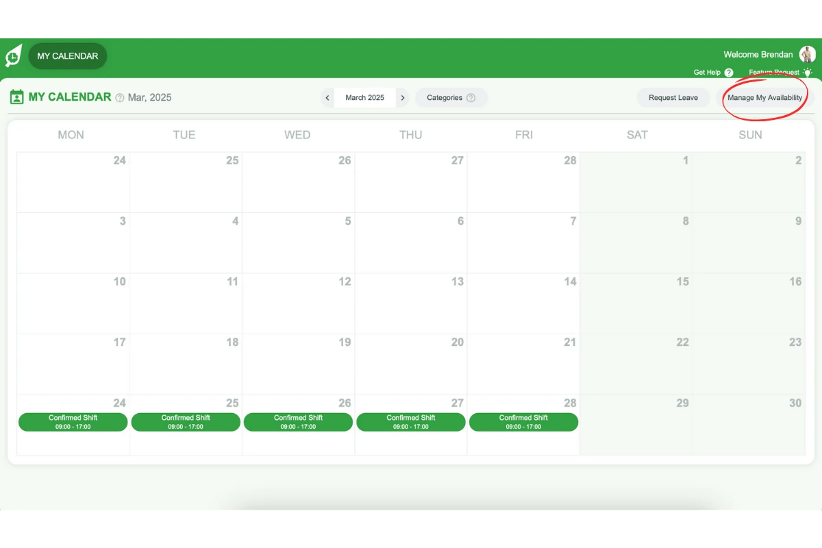 Screenshot showing the Manage My Availability button in My Calendar