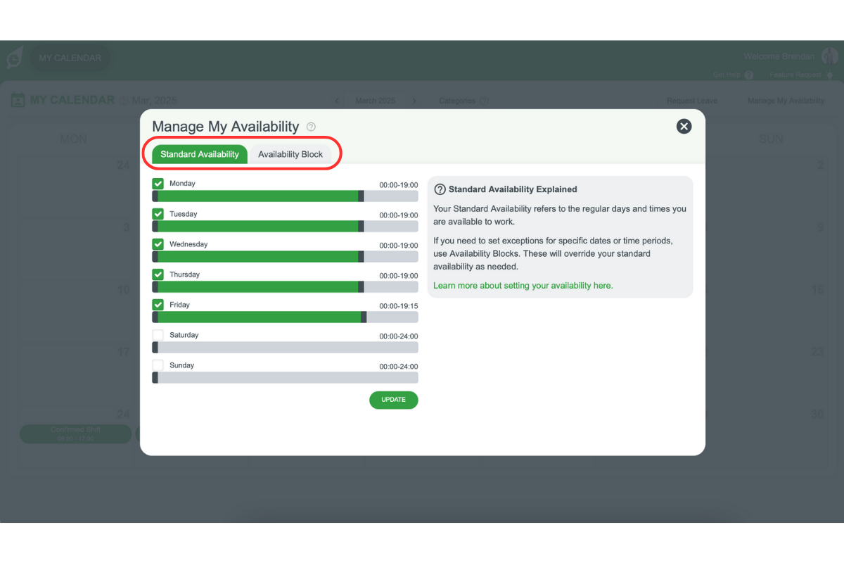Availability modal with Standard and Block tabs in RosterElf