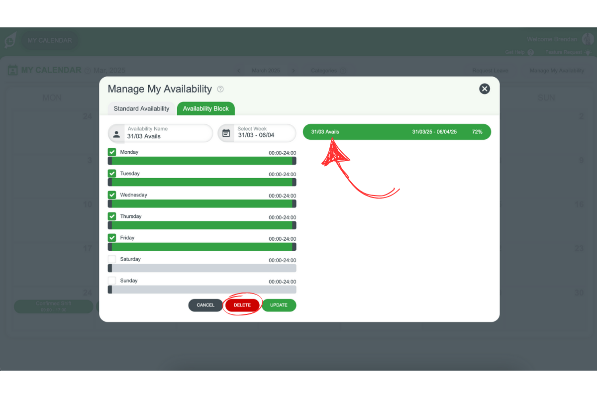Deleting an Availability Block from My Calendar in RosterElf