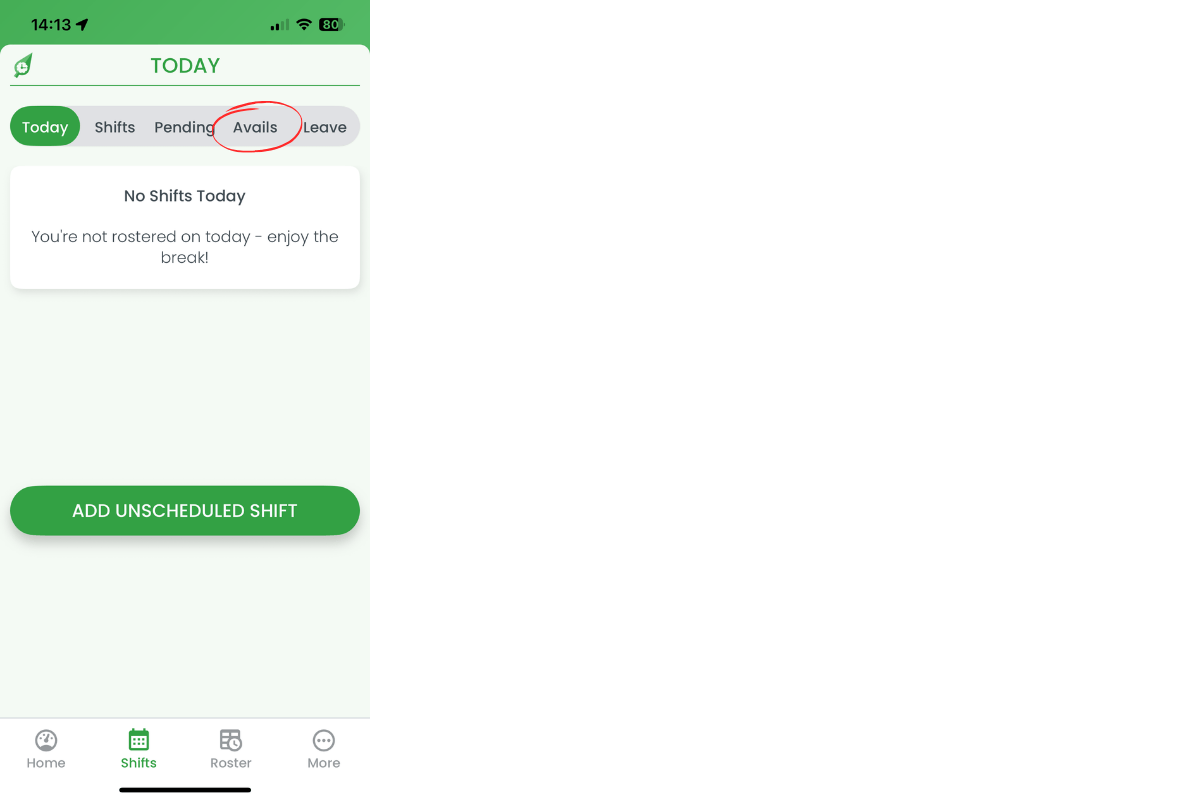 Avails tab in top navigation of mobile app