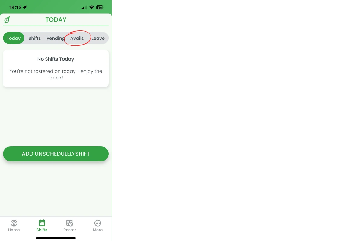 Avails tab in top navigation of mobile app