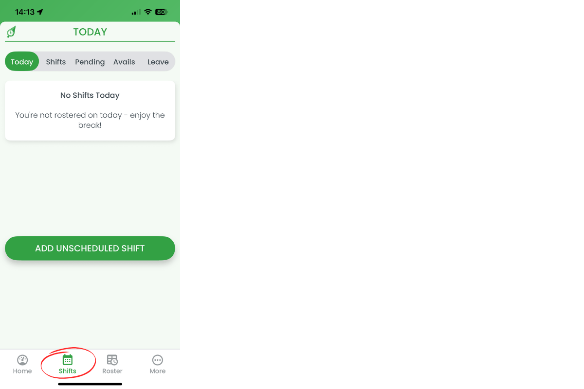 Shifts button at bottom of RosterElf mobile app