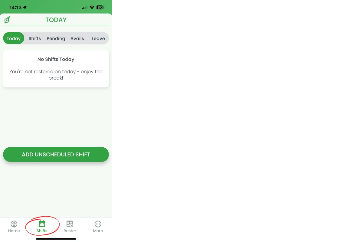 Shifts button at bottom of RosterElf mobile app