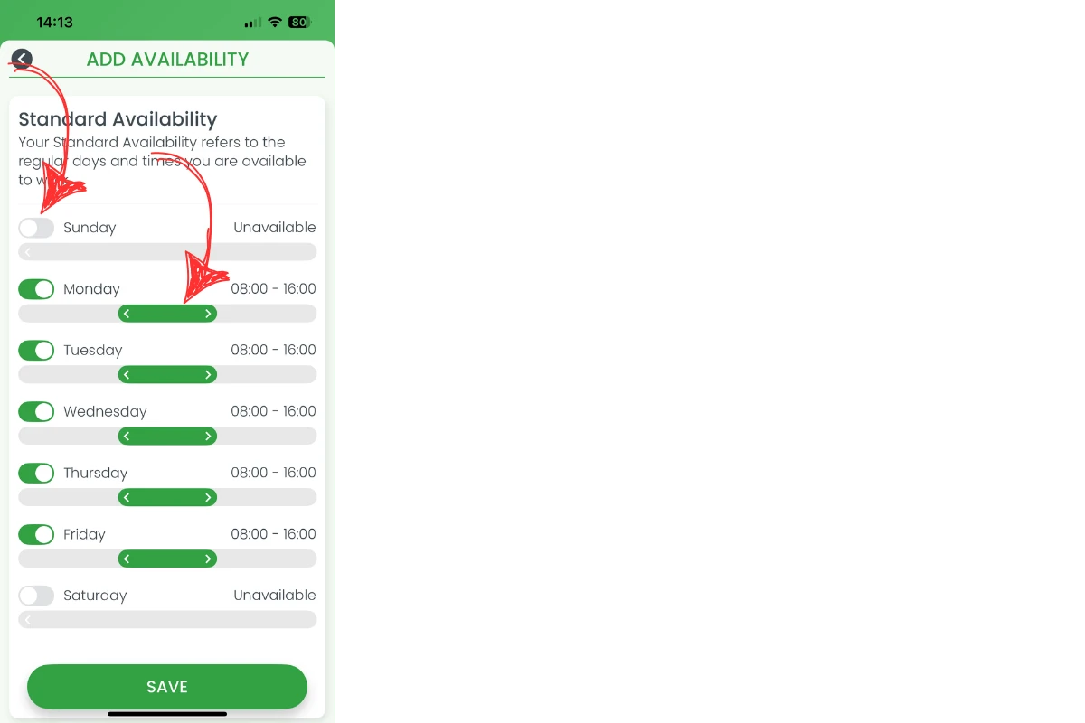 Adjusting availability times with sliders for each day