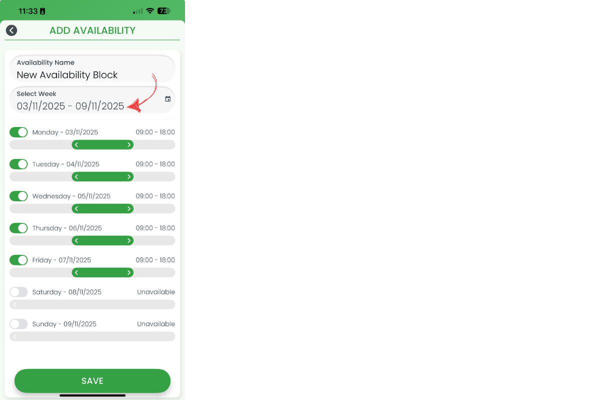 Selecting week for availability block
