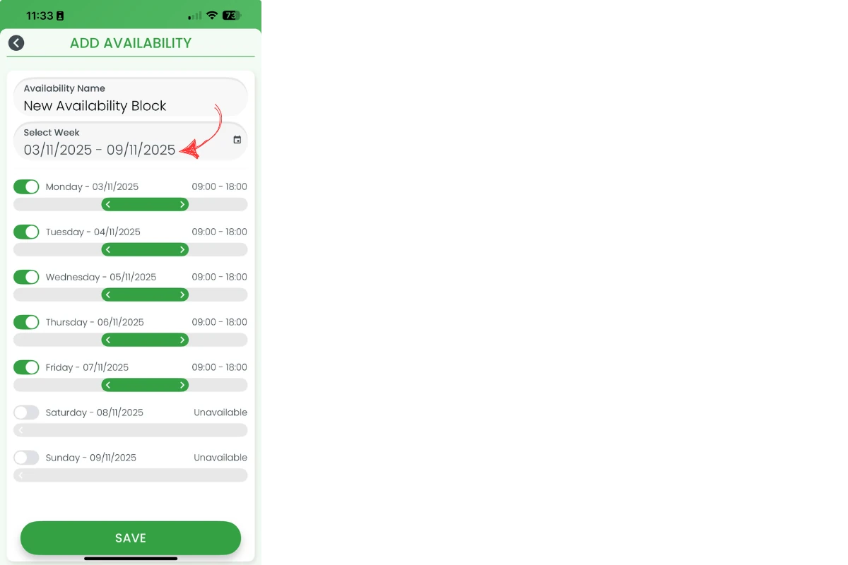 Selecting week for availability block