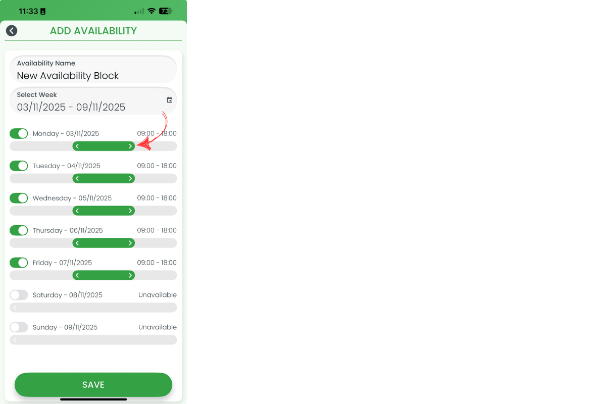 Adjusting availability block times with sliders