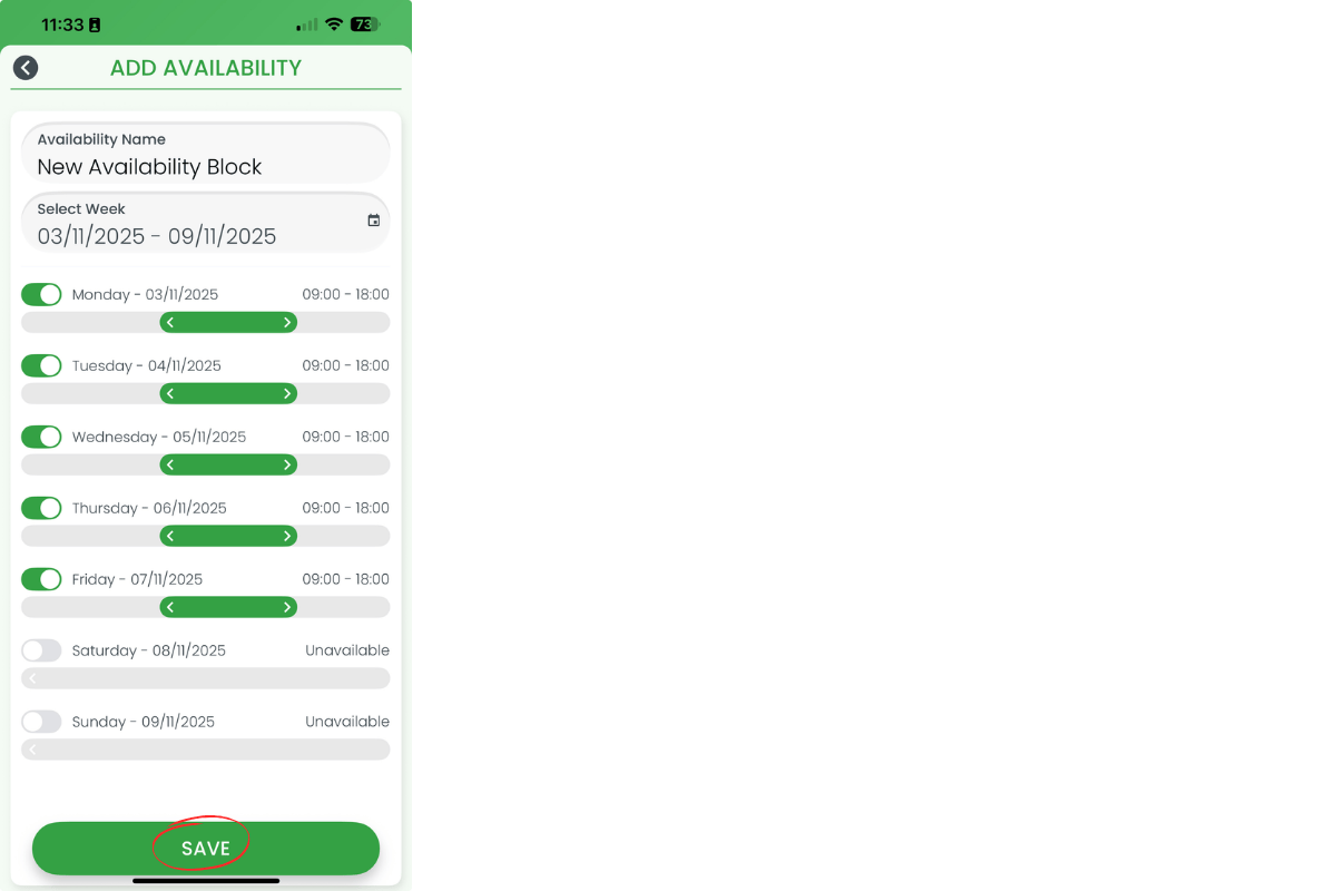 Save button to confirm availability block