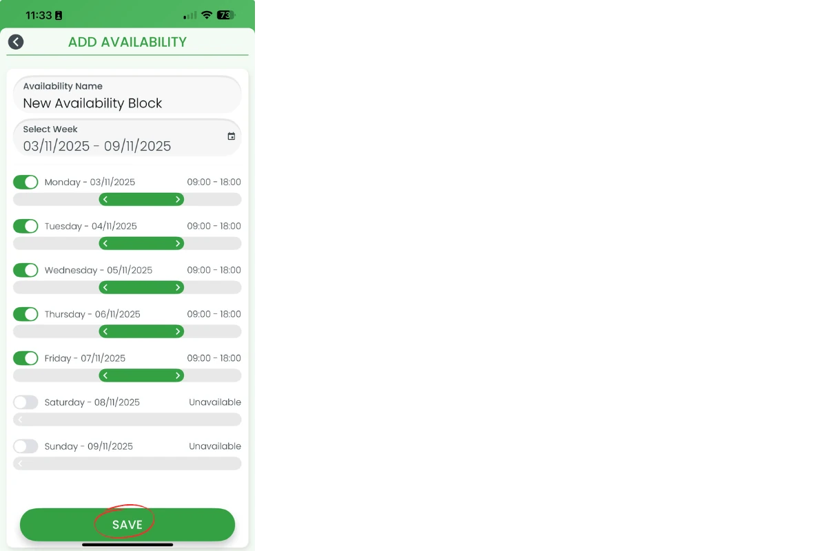 Save button to confirm availability block