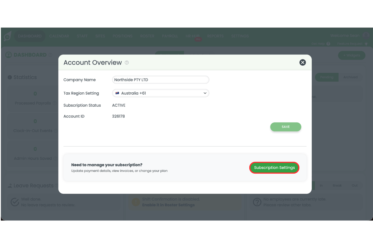 RosterElf Account Overview modal showing company name, tax region, subscription status, and the Subscription Settings button circled in red