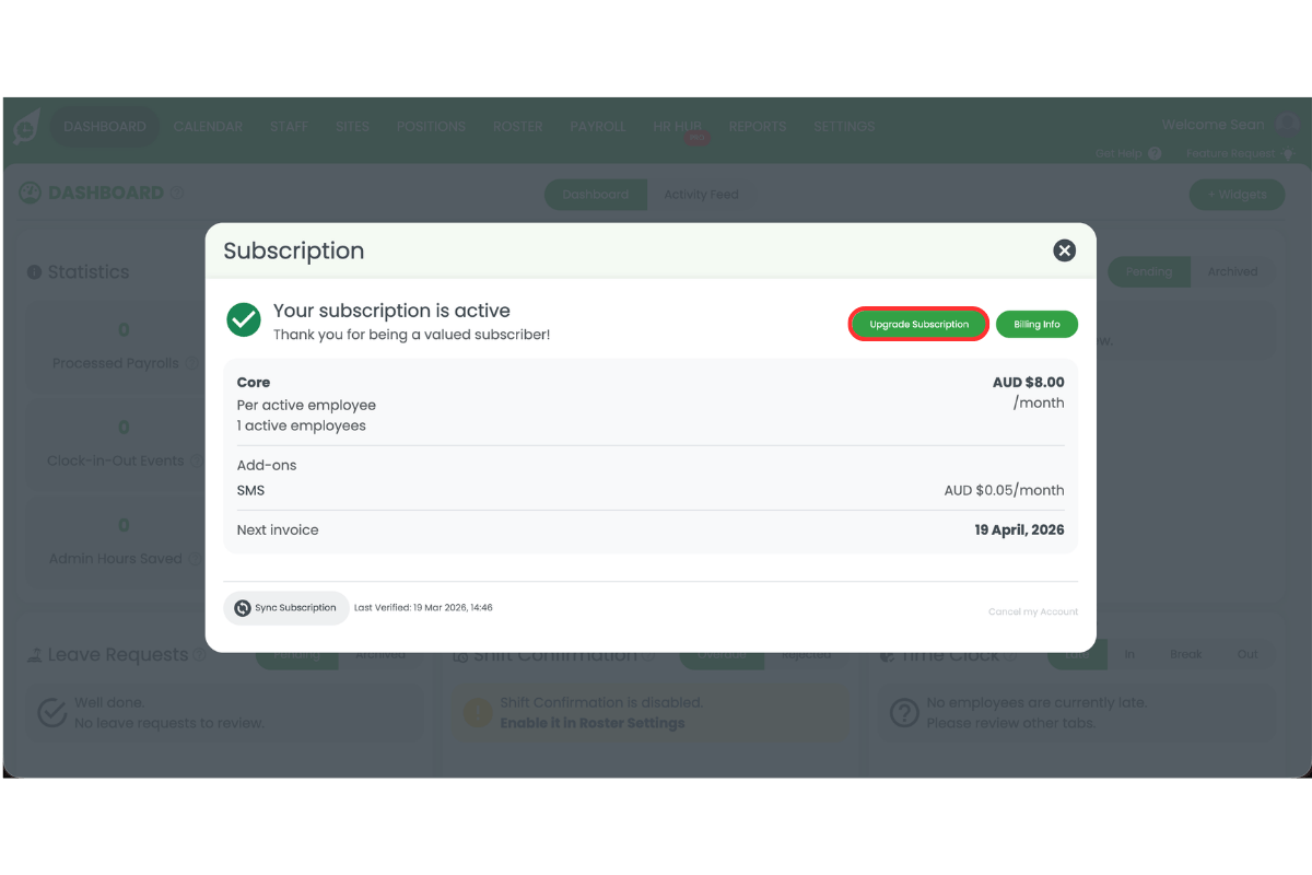 RosterElf Subscription modal showing active Core plan with next invoice date and the Upgrade Subscription button circled in red