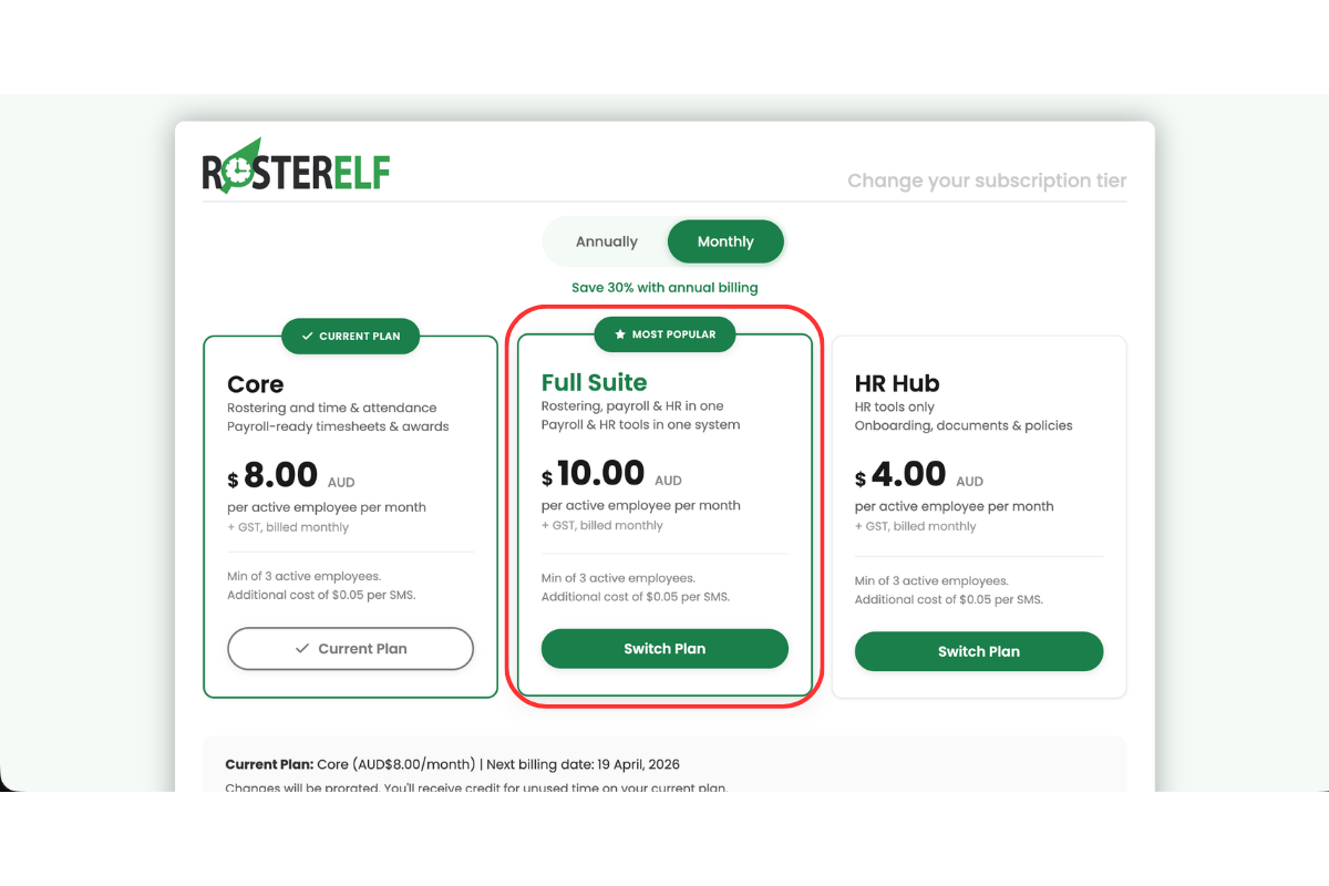 RosterElf change subscription tier page showing monthly billing selected with Core as current plan, and the Full Suite card highlighted with a red border as the selected upgrade option