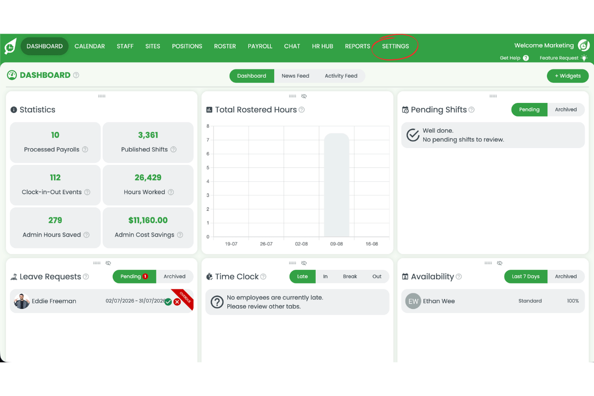 RosterElf dashboard with Settings circled in red in the top navigation bar