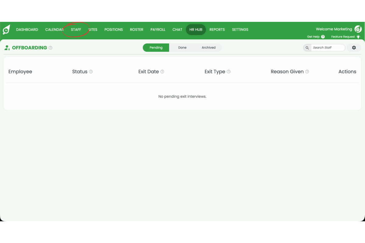 RosterElf Offboarding page with the Staff navigation tab circled in red in the top menu