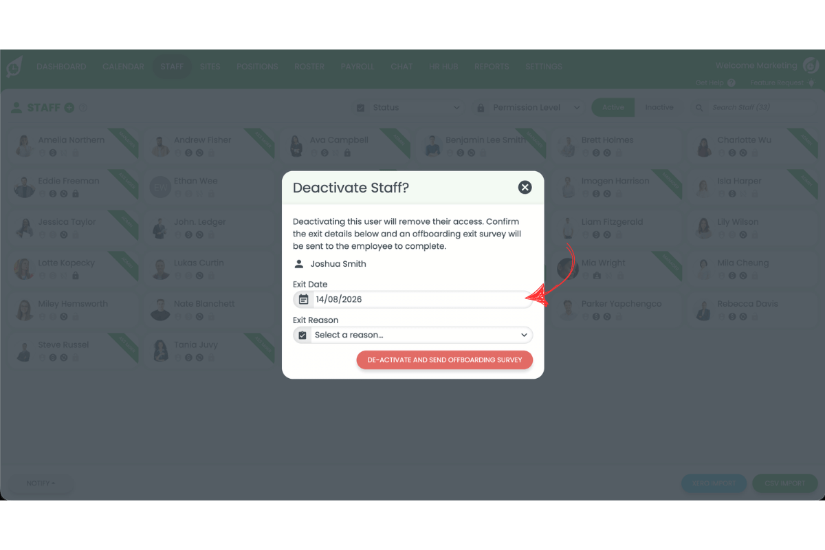 Deactivate Staff modal with a red arrow pointing to the Exit Date field