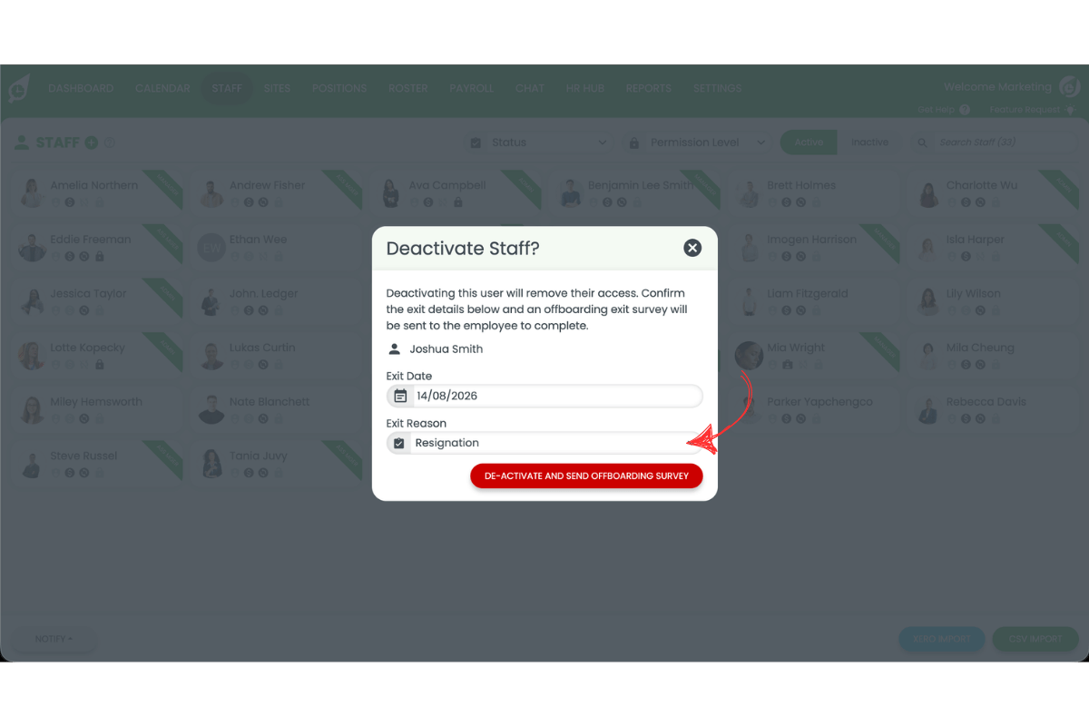 Deactivate Staff modal with Exit Reason set to Resignation and a red arrow pointing to the Exit Reason dropdown