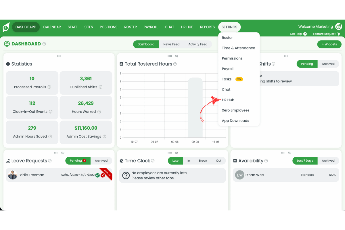 RosterElf Settings dropdown menu open with a red arrow pointing to HR Hub