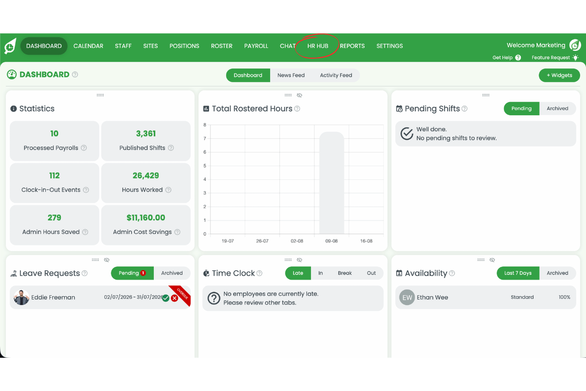 RosterElf dashboard with HR Hub circled in red in the top menu