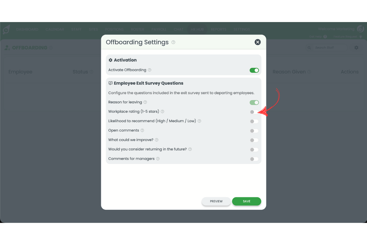 RosterElf offboarding settings showing the exit survey questions that can be switched on