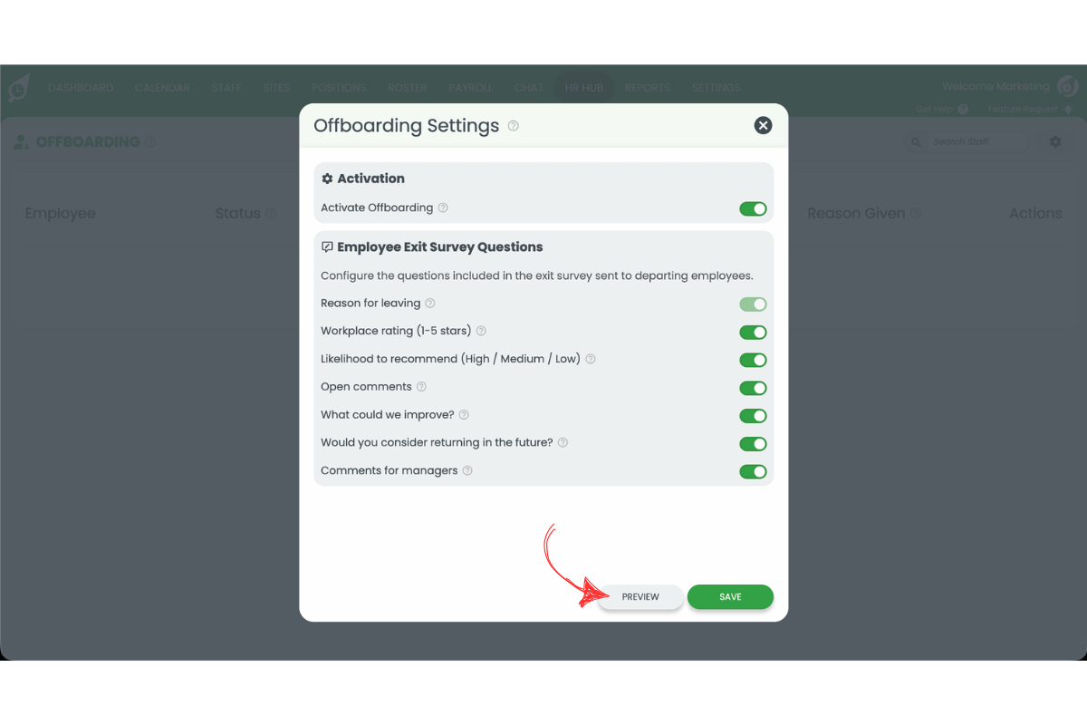 Offboarding Settings modal with all exit survey questions toggled on and a red arrow pointing to the Preview button
