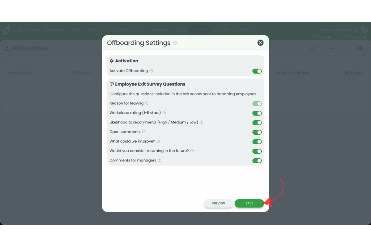Offboarding Settings modal with a red arrow pointing to the Save button