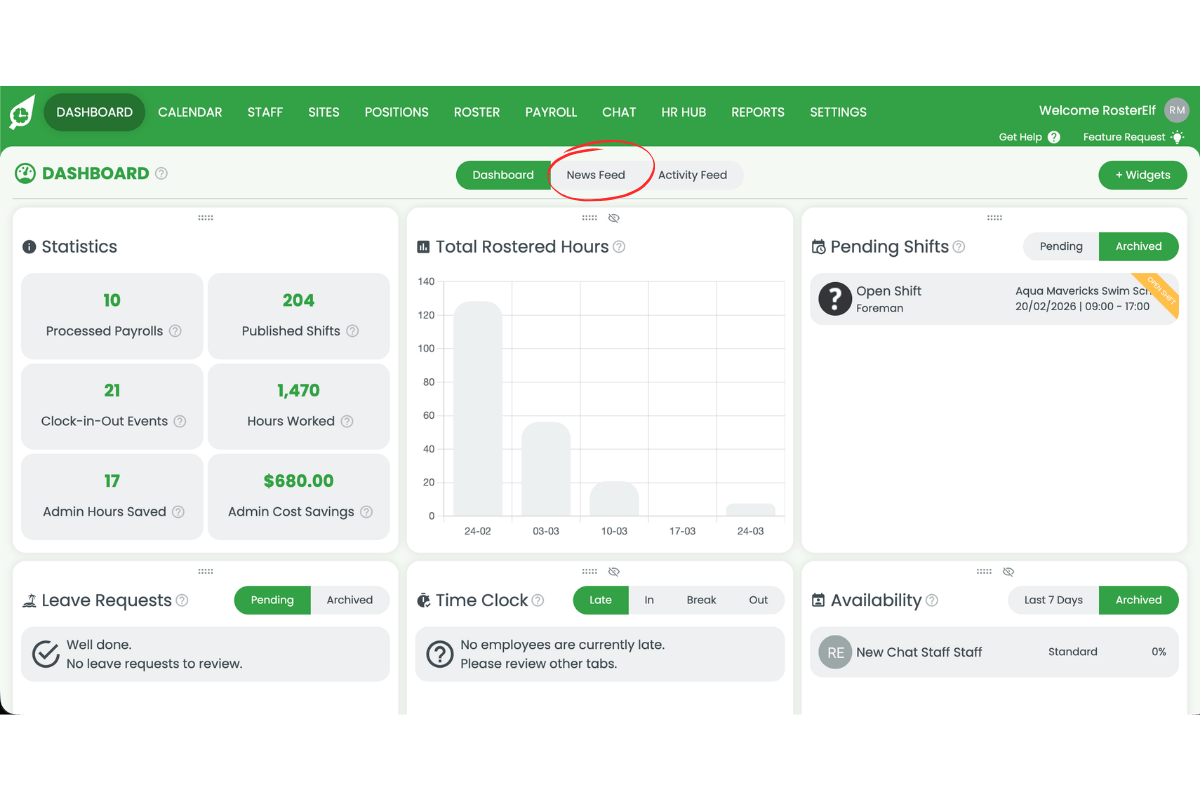 RosterElf dashboard with the News Feed tab highlighted in a red circle at the top centre of the screen