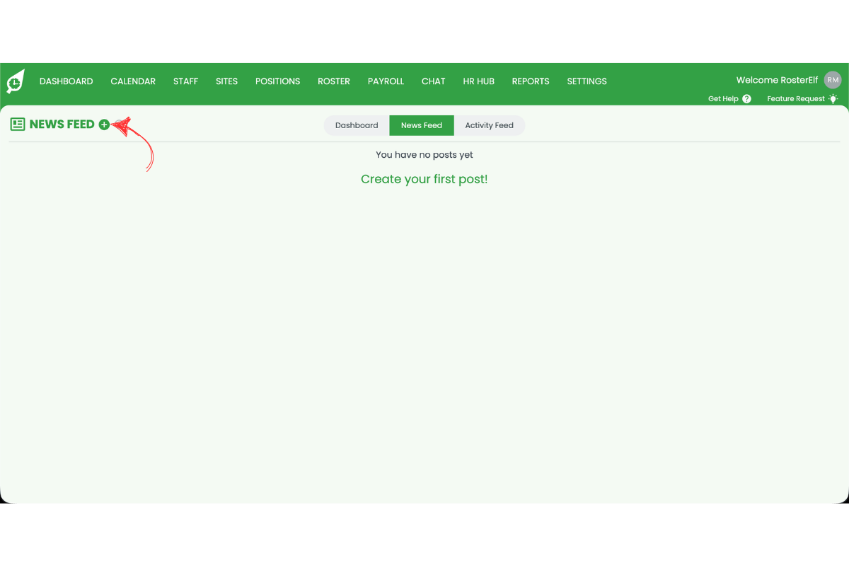 RosterElf newsfeed showing the create post screen with title, description and attachment fields