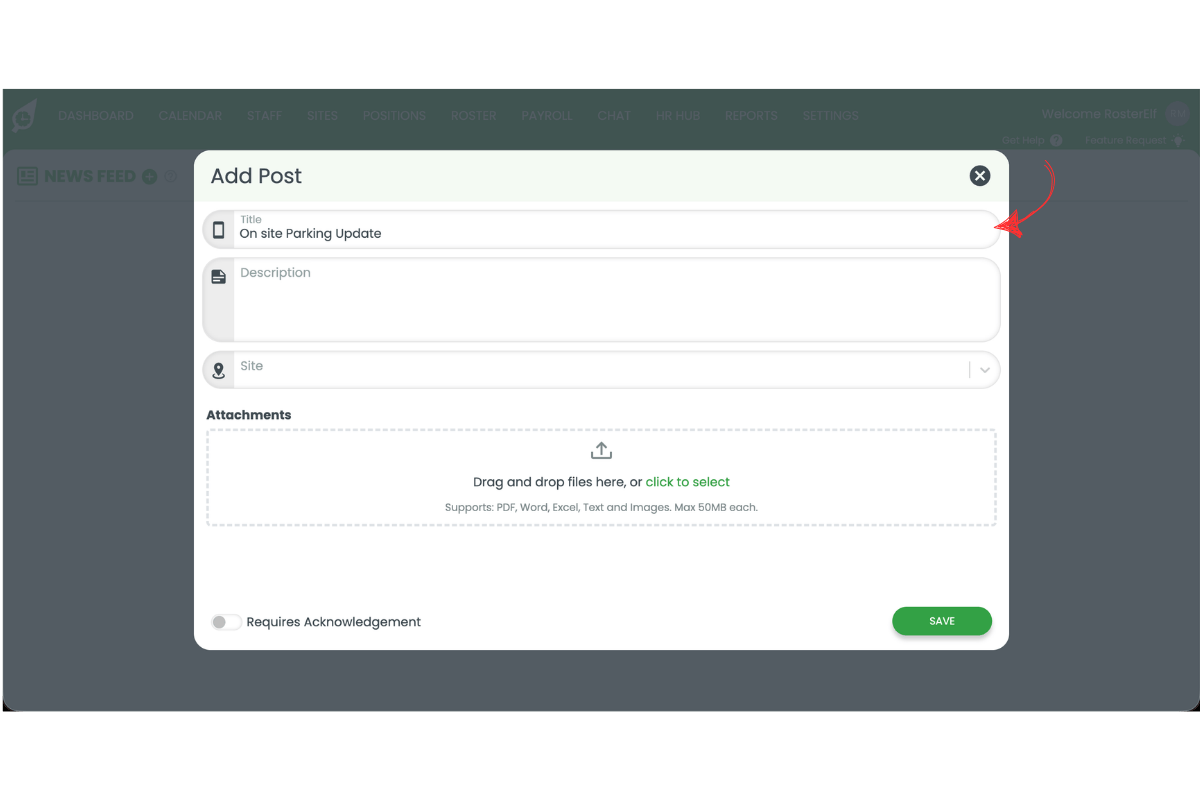 RosterElf Add Post modal with a red arrow pointing to the Title field, showing 'On site Parking Update' entered as an example title