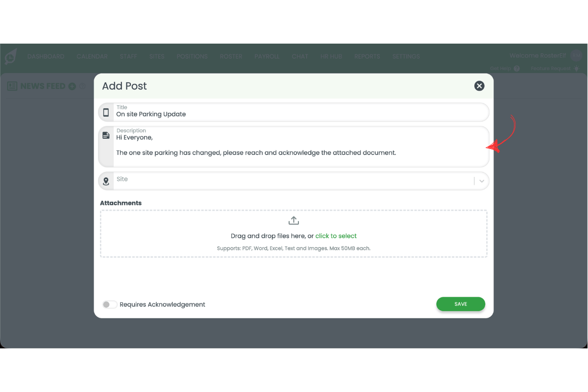 RosterElf Add Post modal with a red arrow pointing to the Description field, showing example text about a parking update