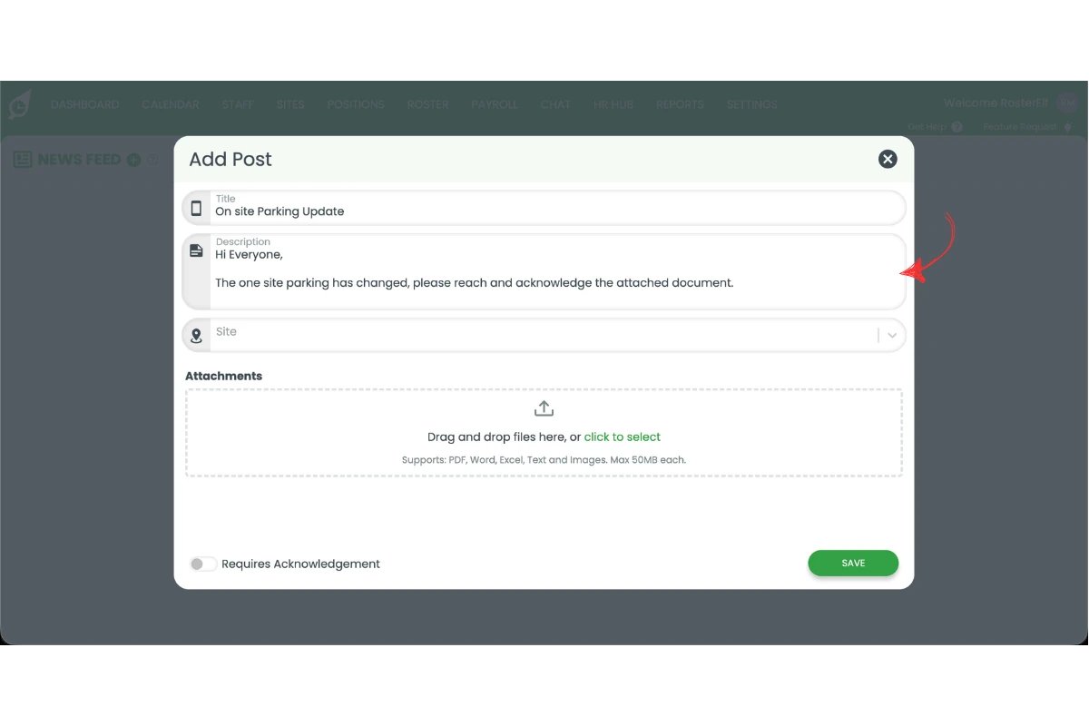 RosterElf Add Post modal with a red arrow pointing to the Description field, showing example text about a parking update
