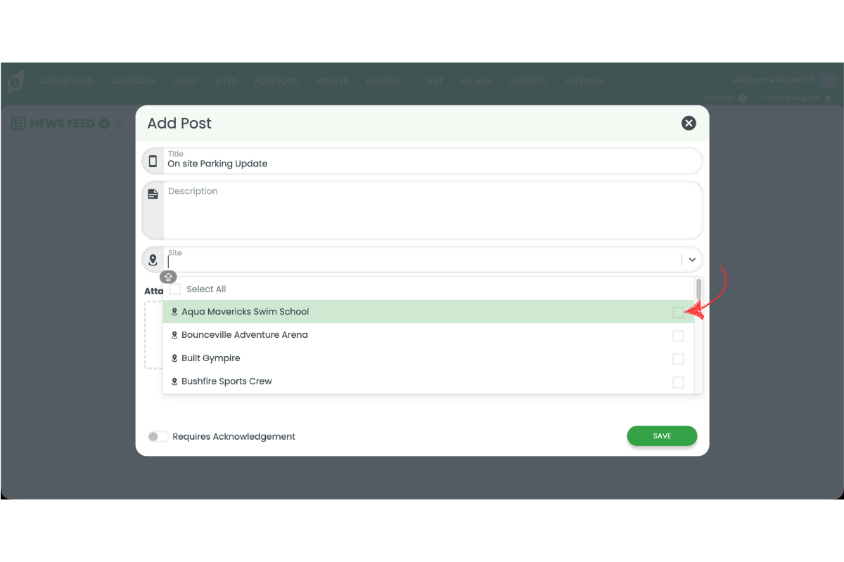 RosterElf Add Post modal with the Site dropdown open showing a list of site options including Aqua Mavericks Swim School selected and other locations listed