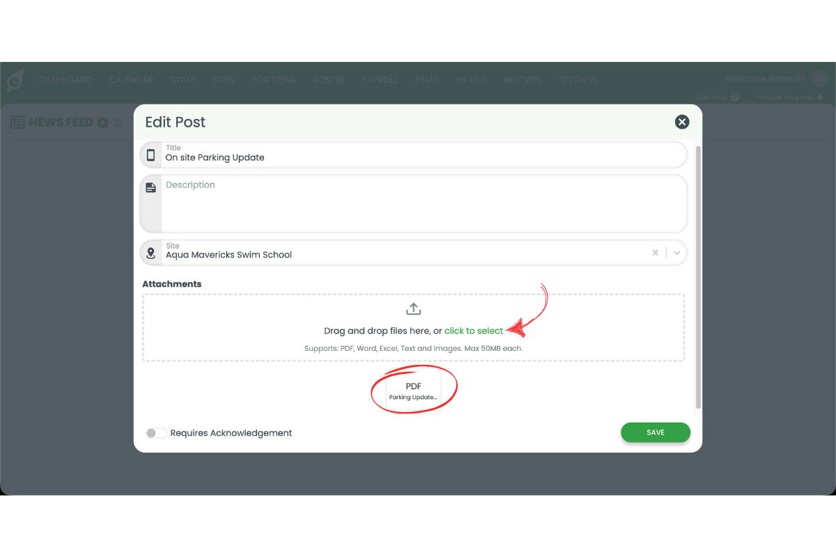 RosterElf Add Post modal showing the Attachments section with a PDF file named 'Parking Update' uploaded and highlighted with a red circle