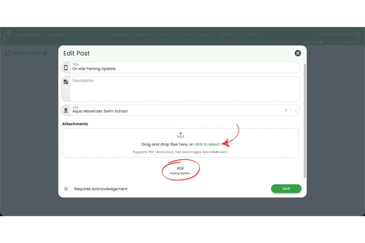 RosterElf Add Post modal showing the Attachments section with a PDF file named 'Parking Update' uploaded and highlighted with a red circle