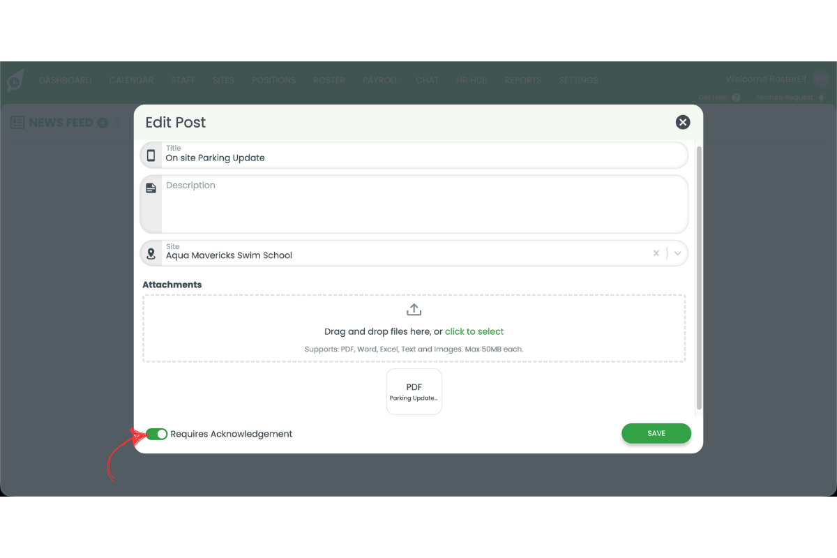 RosterElf newsfeed post creation showing the require acknowledgement toggle switched on