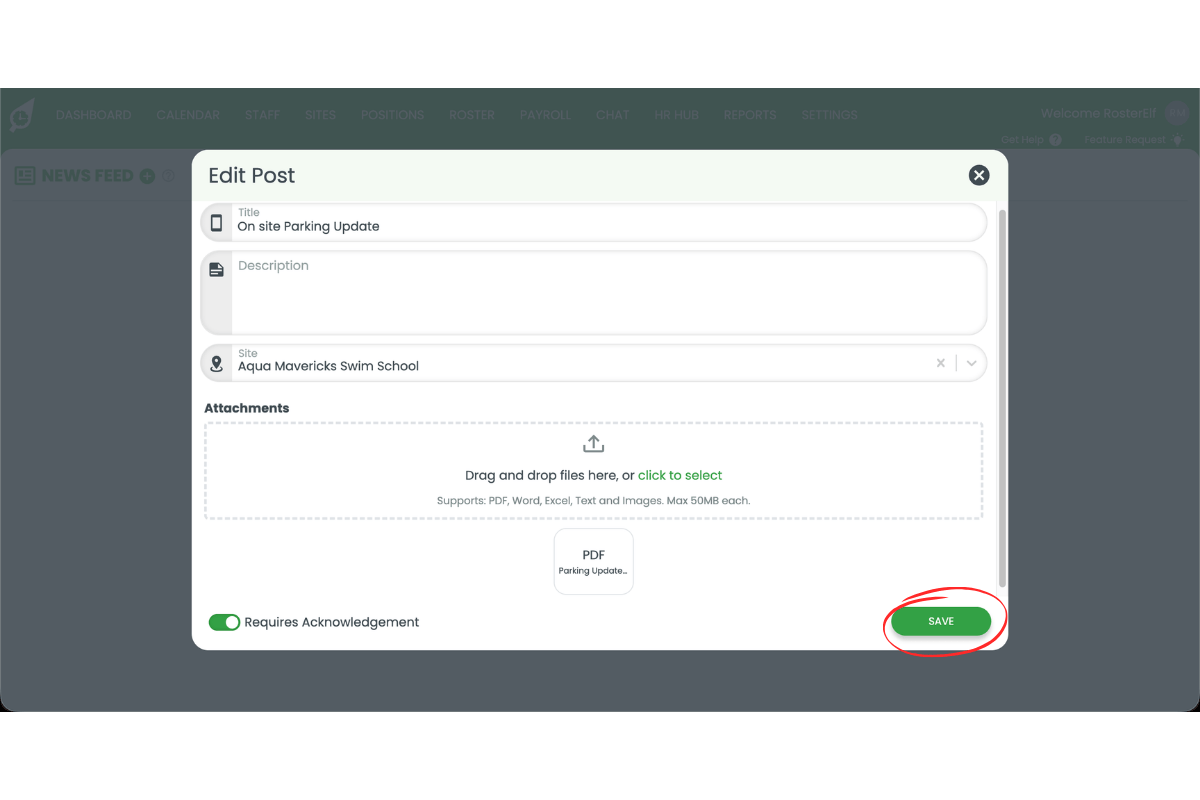 RosterElf Add Post modal with the green Save button highlighted in a red circle, ready to publish the newsfeed post