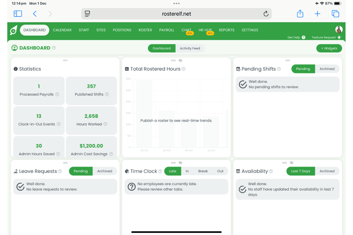 Payroll section in RosterElf