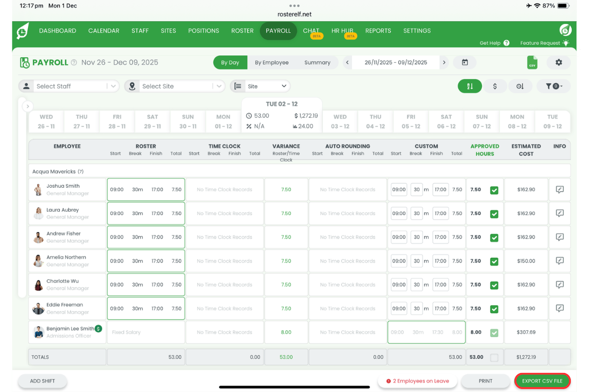 Payroll section in RosterElf