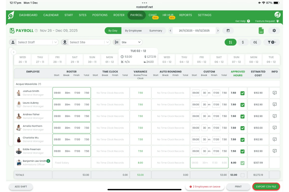 RosterElf payroll with the Export Payroll to CSV button