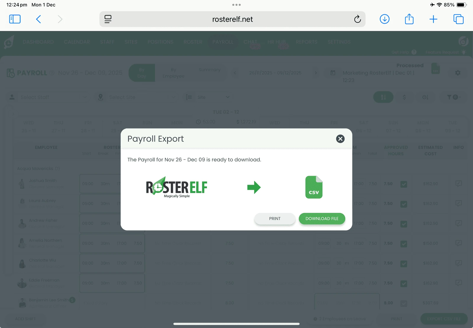 RosterElf payroll with the Download file button to save the CSV export