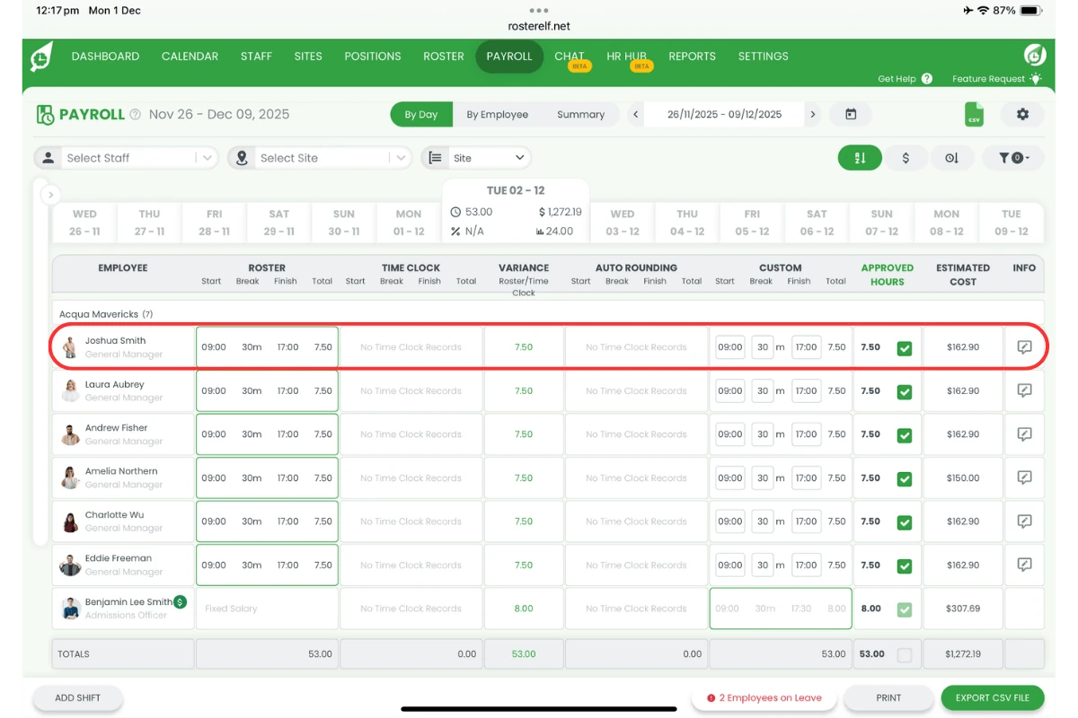 RosterElf payroll reviewing and amending employee hours