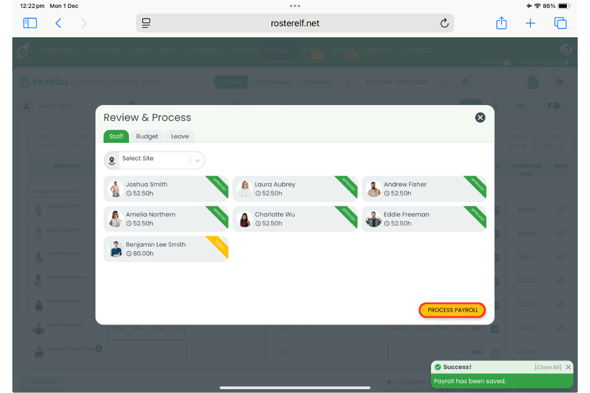 Payroll section in RosterElf