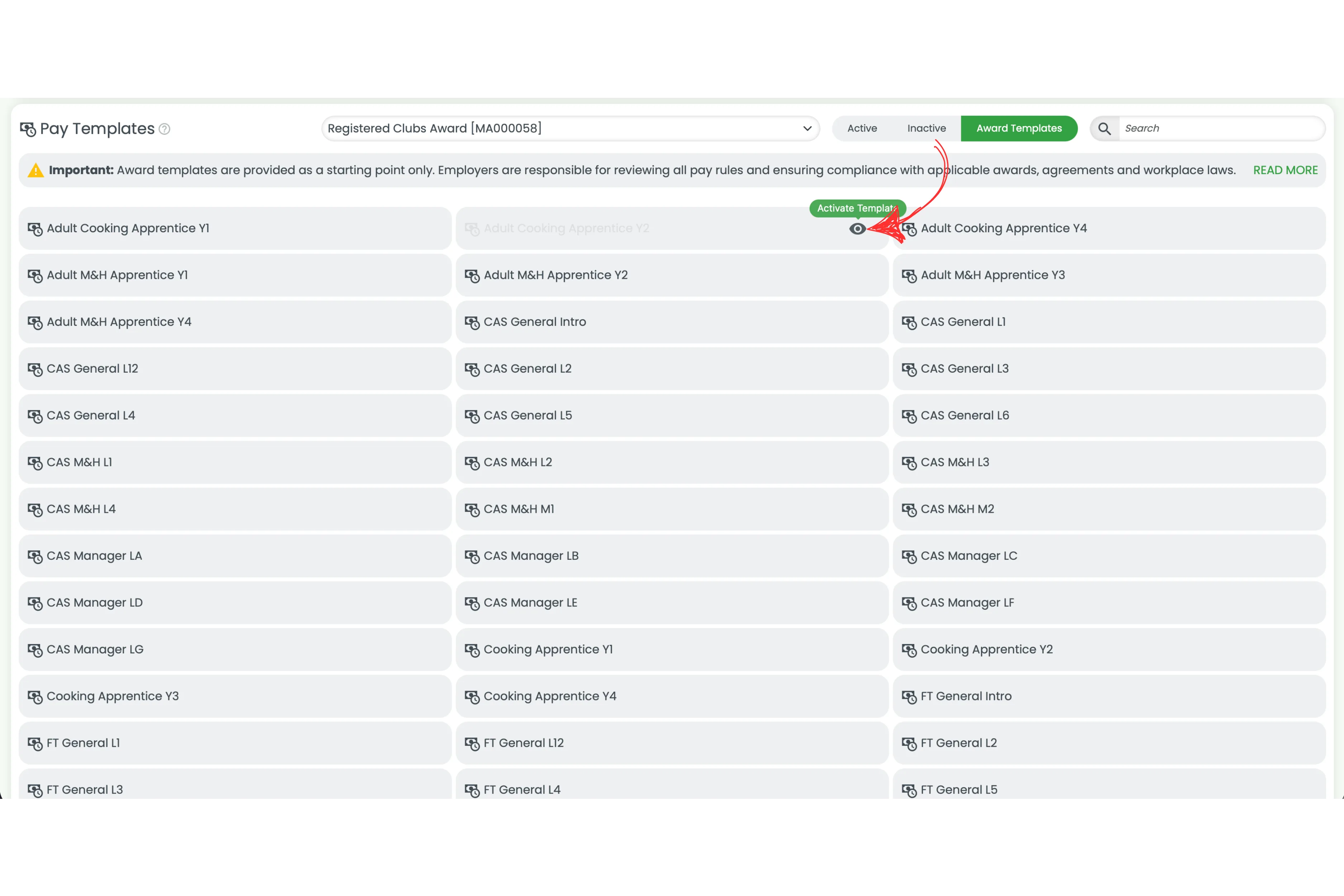 Screenshot showing the Activate template button appearing when hovering over an award template